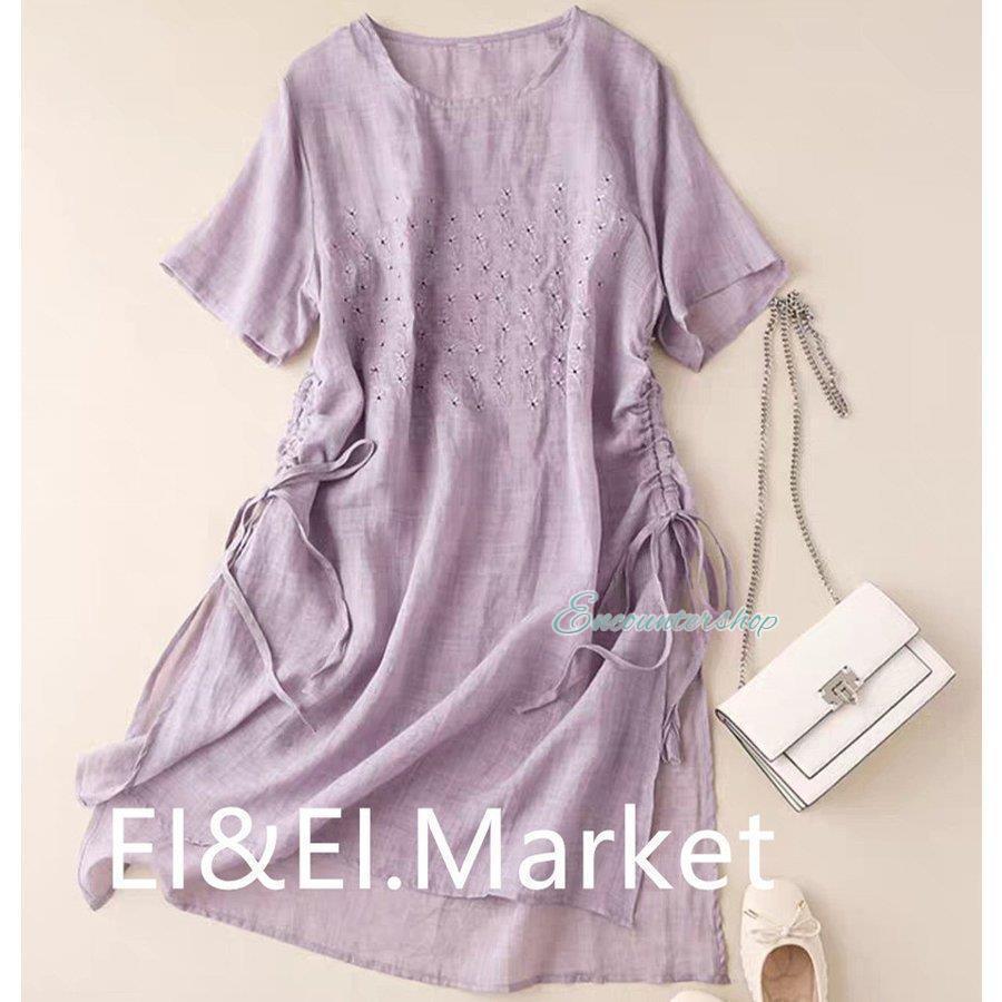 チュニック ワンピース レディース ｔシャツ シャツ 半袖 レディース ロングワンピース 夏 刺繍 綿麻 40代 体型カバー ゆったり 薄手 涼しい お洒落 リネン コットン 30代 50代 &