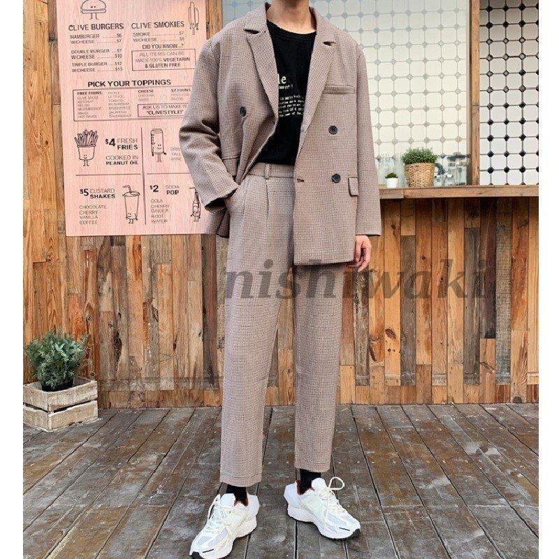 チェック柄のテーラードジャケットとパンツのセット！デート・ビジネス・結婚式など様々なシチュエーションで着れます！今流行りのビックシルエットでかっこいいです！！【サイズ】ジャケットM：肩幅約51ｃｍ 胸
