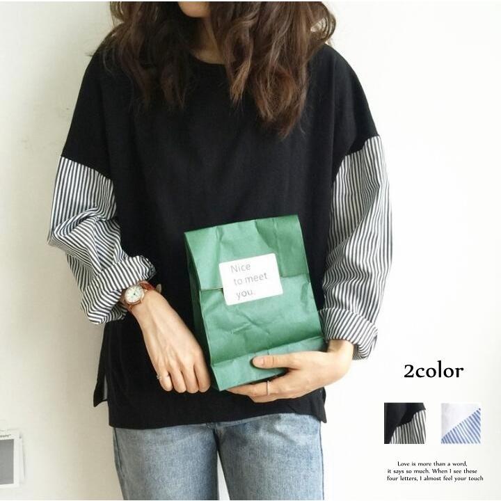 カットソー レディース シャツ 袖 ストライプ トップス 切り替え 異素材 フリーサイズ おしゃれ 上品 30代 40代 品番cbrx142カラーホワイト、ブラックサイズF(フリーサイズ）バスト：約1